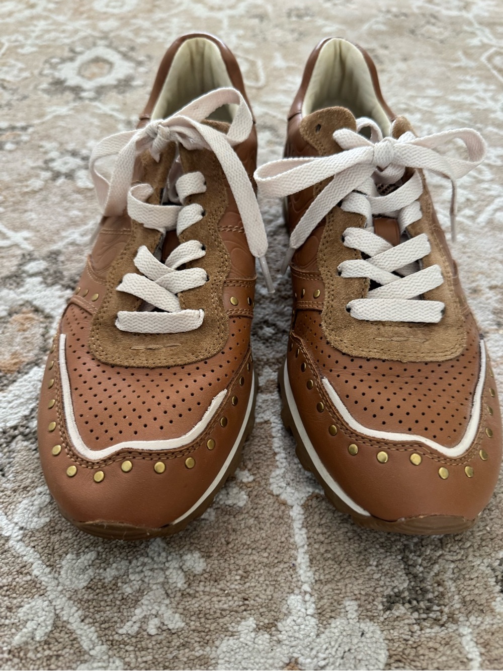 Coach Brown and White Leather Lace-Up Sneakers with Gold Studs